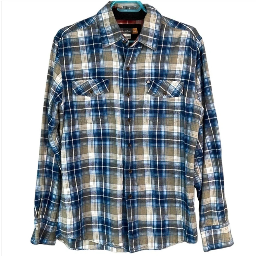 QUIKSILVER Mens Plaid Flannel Button Up Shirt Blue Tan Long Sleeve Logo Skate S